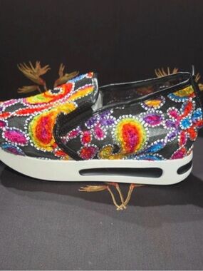 Embroidered Mesh  Slip-On Flats in Black with Multicolor Paisley